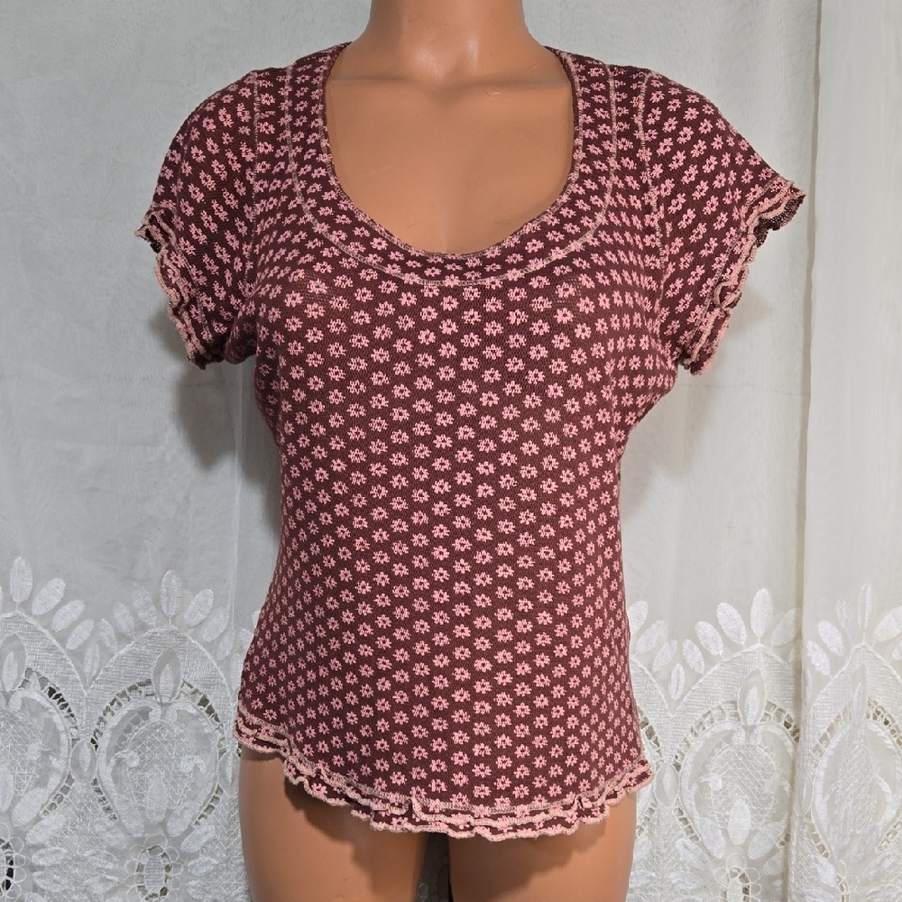 Free People Rust & Pink Flower Print Shirt/Top Sz Large